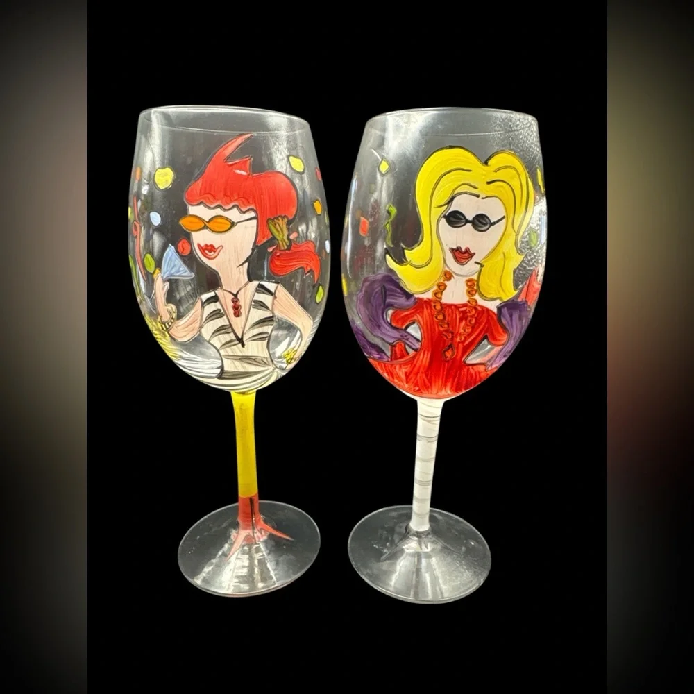 Vintage Hand Painted Whimsical Ladies Night Wine Glasses and Ice Bucket Set